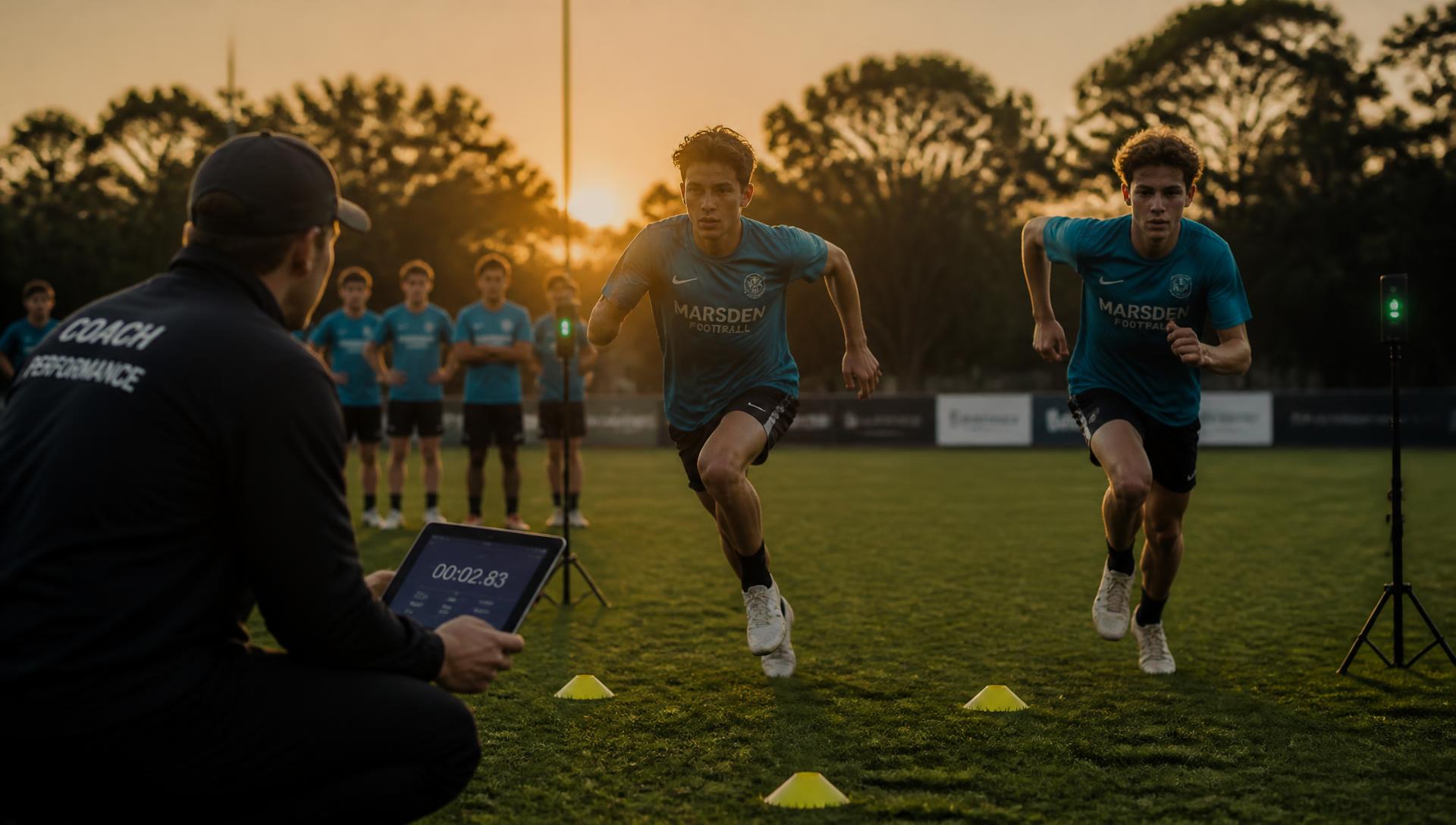 Junior footballers being measured through timing gates on a grass field